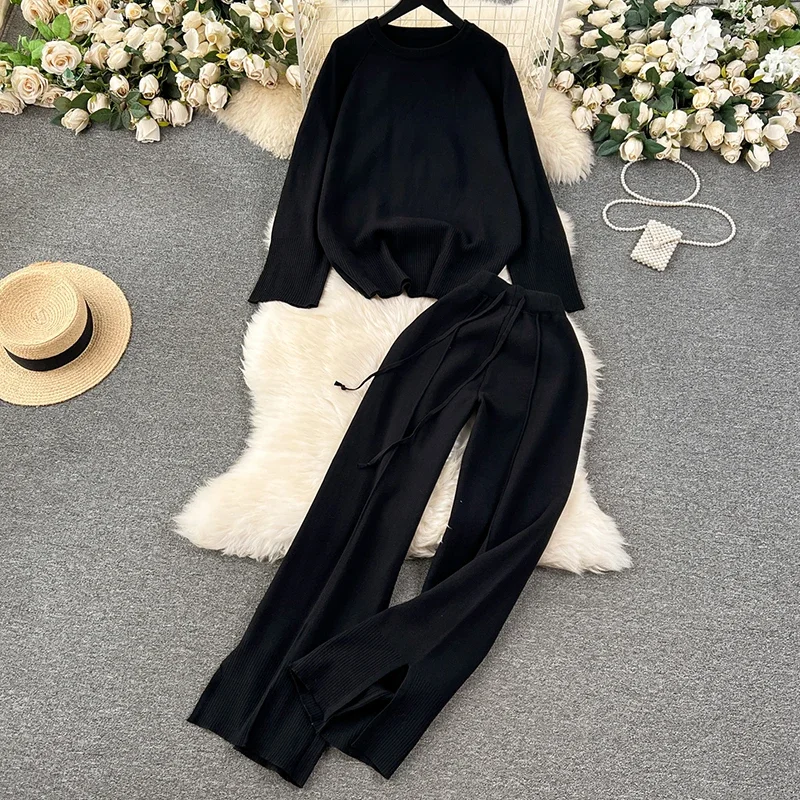 Set Autumn Winter Women Knitted Loose 2 Piece Sets Long Sleeve O-Neck Sweater and Wide Leg Pants Outfit Casual Office