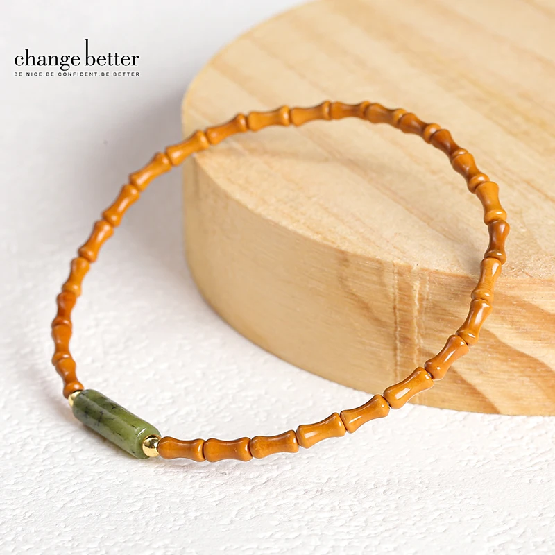 Change Better Natural Olive Nuclear Bamboo Southern Jade Tube Strand Bracelet Women Fashion Simple Thin Bangles Yoga Jewelry