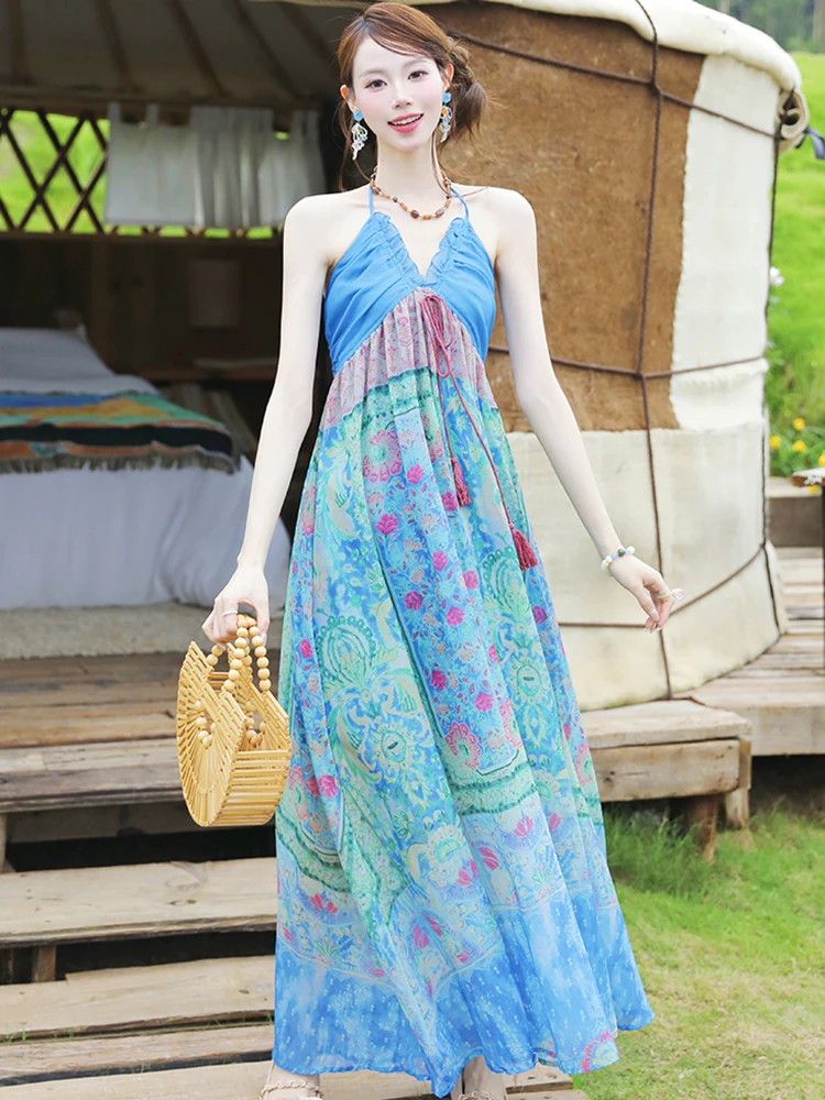 

Boho Blue Print Bow Ruffled Neck-mounted Long Dress for Women Summer Elegant Casual Holiday Dress 2025 Korean Luxury Party Dress