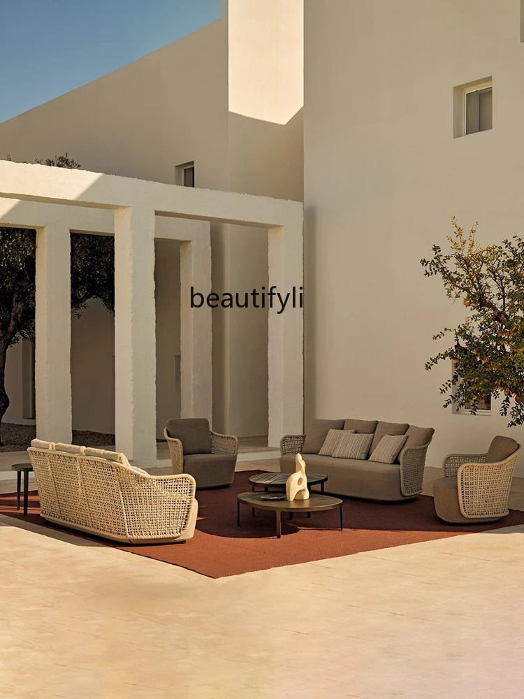 Nordic Outdoor Leisure Rattan Chair Courtyard Terrace Rattan Sofa and Tea Table Simple