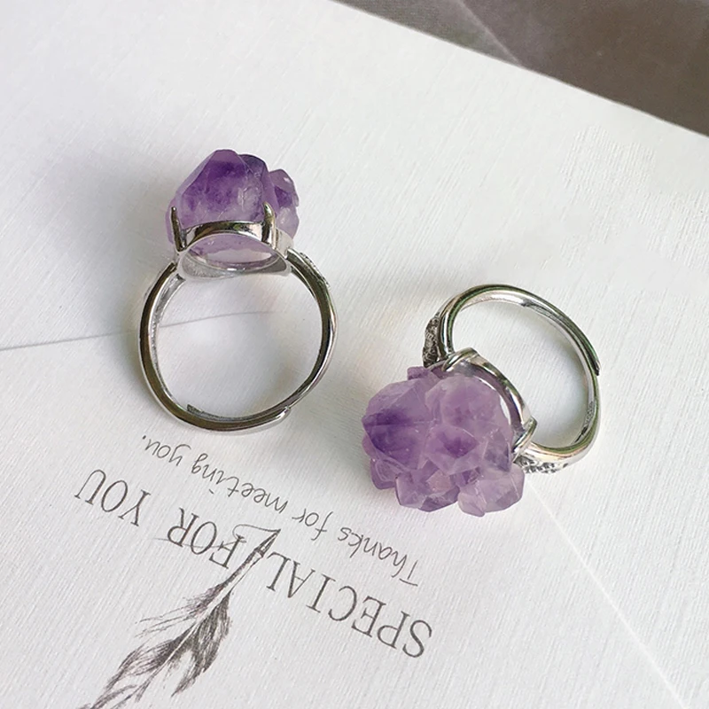 Natural Vintage  Amethyst Cluster Ring Crystal Rough Stone Flower  Adjustable Energy Silver Jewelry Sets Accessorl Gift Punk