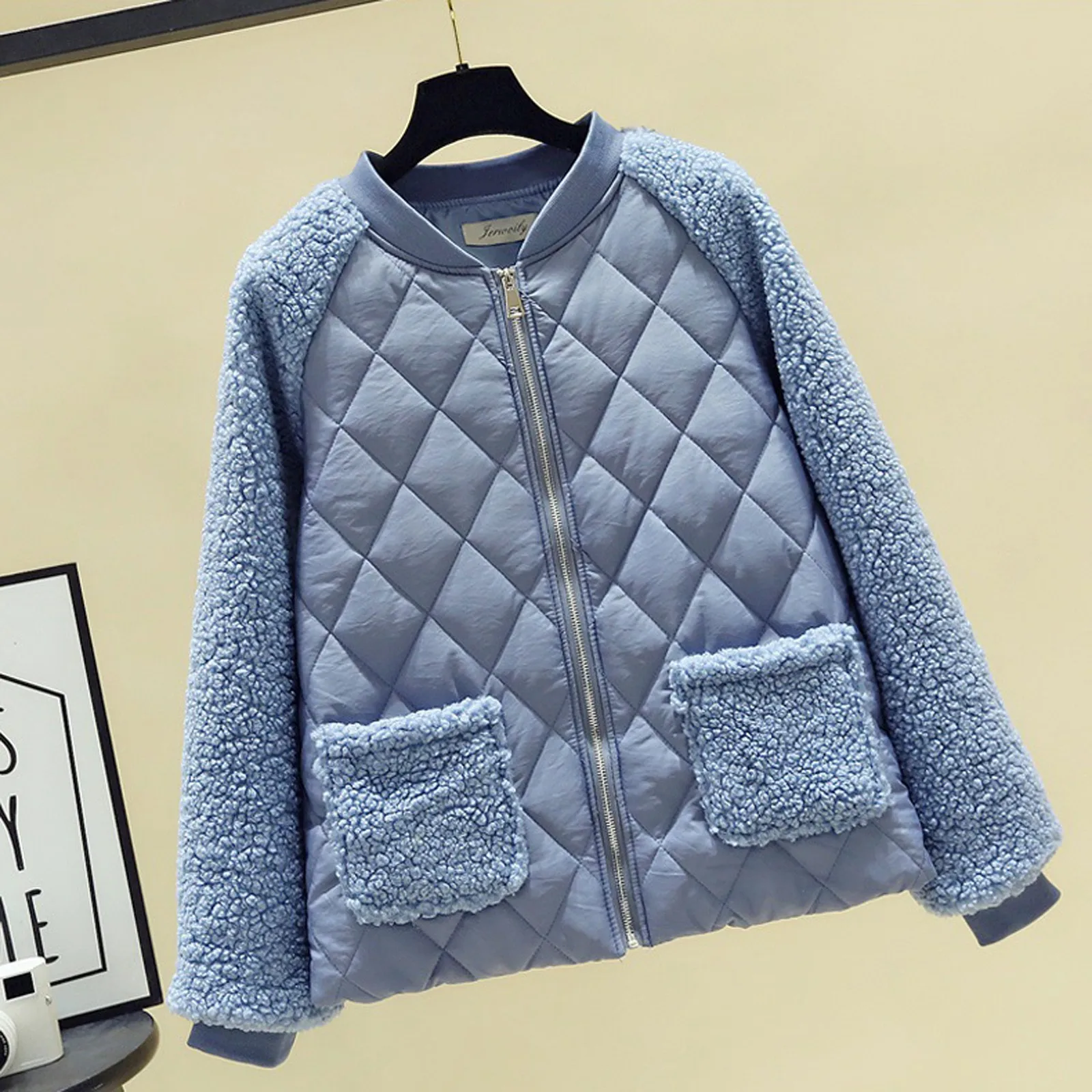 

Women's Solid Color Long Sleeved Plaid Thickened Baseball Jacket Autumn Winter Warm Cotton Coat Stylish Patchwork Bomber Jackets