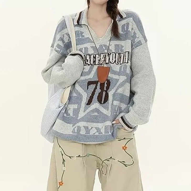 American Retro Contrasting Sweater for Women Spring  Autumn Loose Patchwork V Lapel Versatile Knit Tops Stripe Pullover Jumpers
