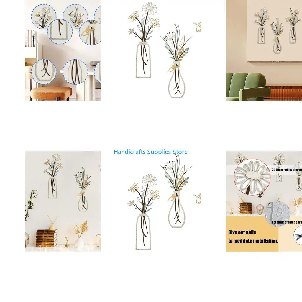 R1WA Modern 3Piece Floral Line Metal Wall Art Flower Vases Sculptures Ornaments for Bedroom Living Room Hotel Wall Decoration