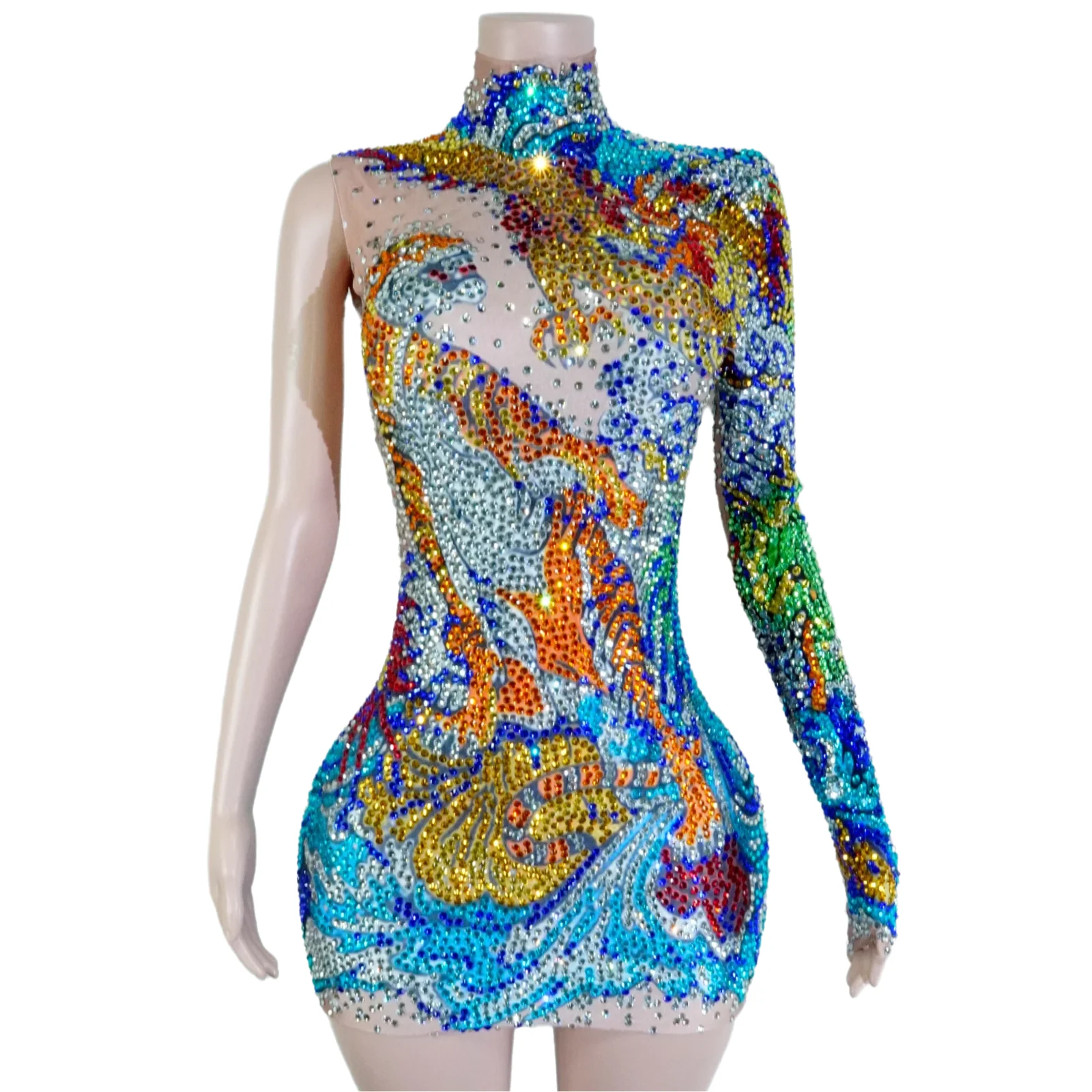

Luxury Rhinestone Print One-Sleeved Skirt for Drag Queen Tiger Dragon Design Birthday Party Outfit Nightclub Dance Stage Costume