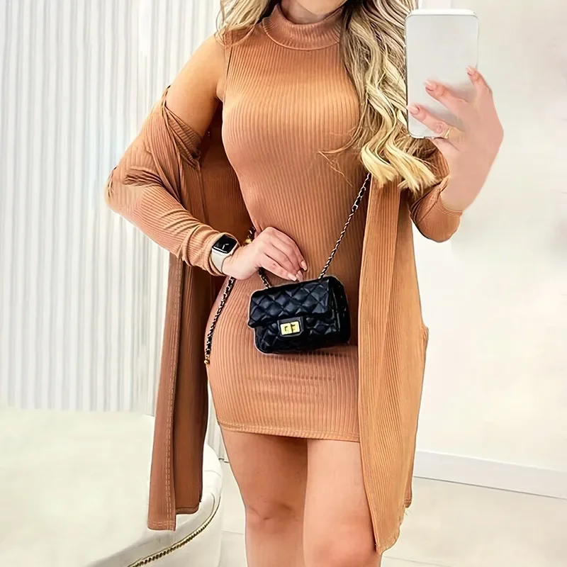 Temperament New Arrivals Design Spring Autumn Women's Clothing Solid Color Turtleneck Sleeveless Dress Long Sleeve Cardigan Sui