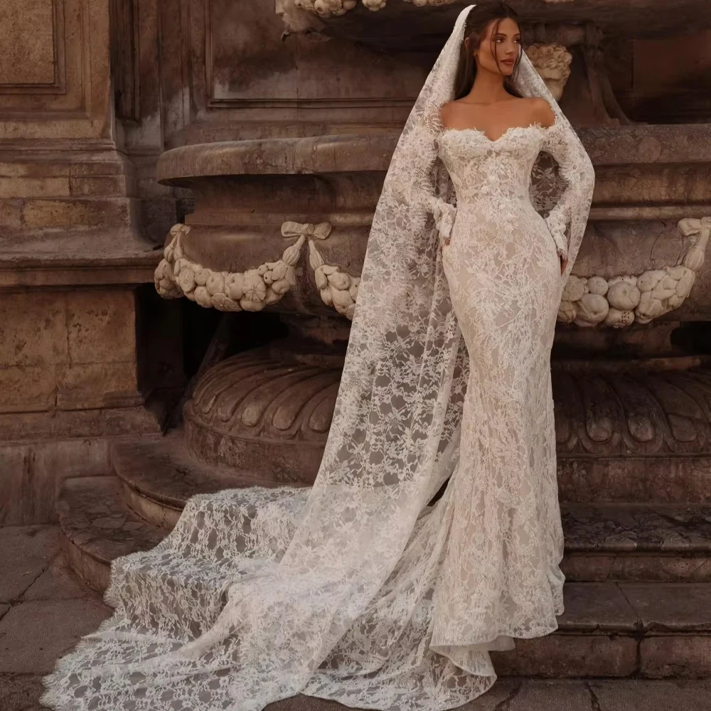 تخصيص الدانتيل حورية البحر فستان الزفاف رومانسية الحبيب الرقبة ثوب الزفاف قبالة فساتين الكتف للعروس فستان زفاف فيستدو