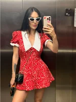 Red Floral Print Peter Pan Collar Dress Women Puff Sleeve V Neck Button Down A-line Mini Dress 2026 Lady Weekend Getaway Robe