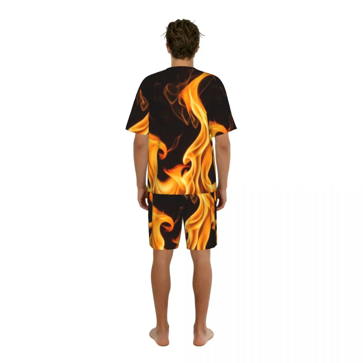 Summer Men Pajama Set Fire Flames Texture Short Sleeve Sleepwear Casual Homewear Loose Fit Nightwear
