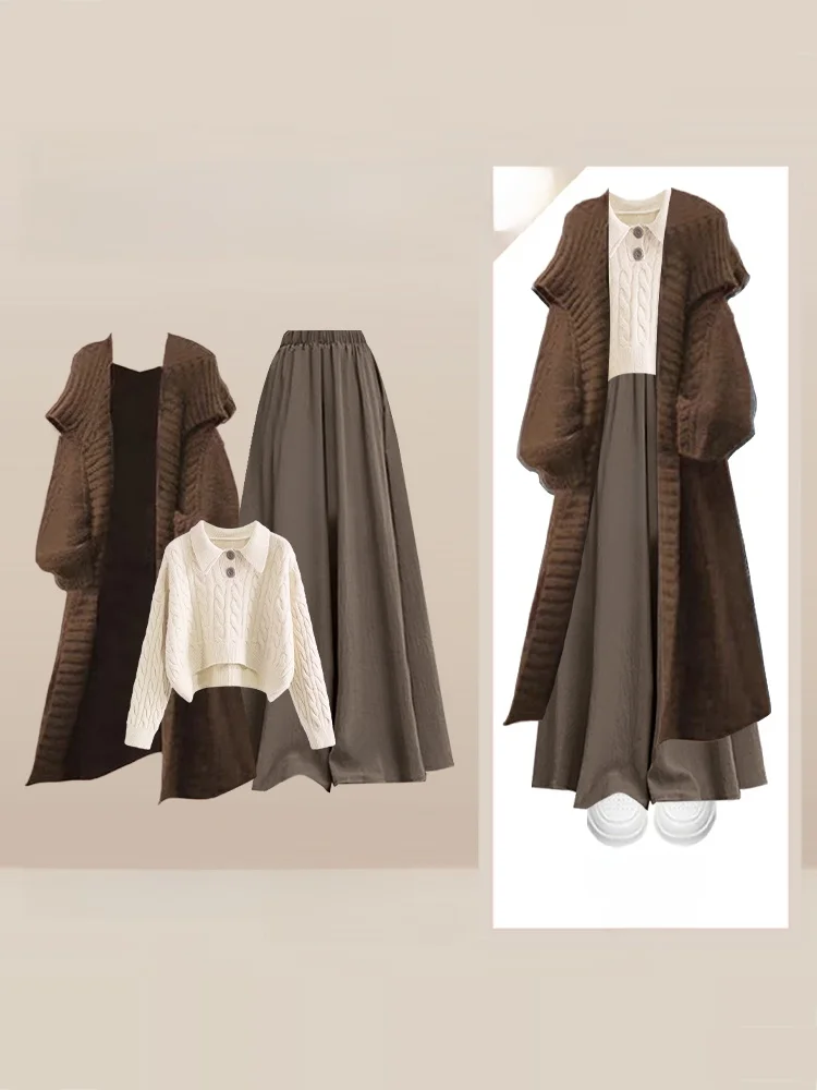 

Осенне-зимний женский комплект из трех предметов: свитер-кардиган средней длины в стиле кэжуал, юбка с высокой талией и широкими штанинами, модный трикотаж.