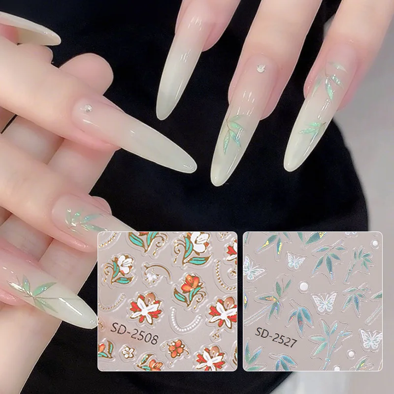 1pc ネイルアートステッカーヴィンテージ絶妙な花竹粘着スライダー蝶ネイルデカールマニキュアのヒントアクセサリー