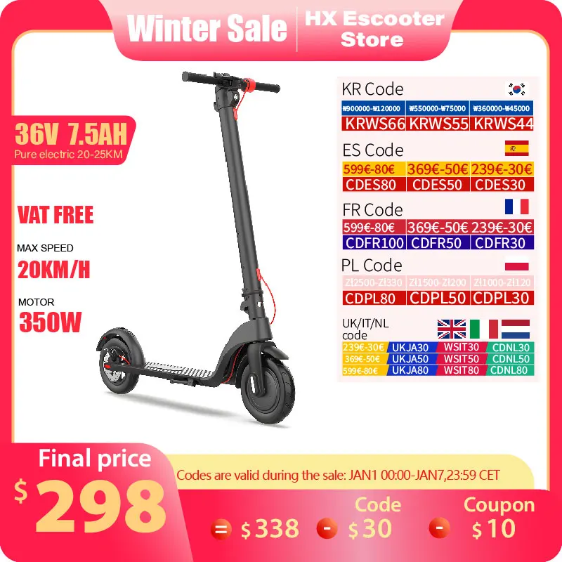 HX X7 Adult Electric Scooter Foldable 350W 5.0AH 36V Electric Kick Scooter 10.0 inch Wheel Off-road E Scooter