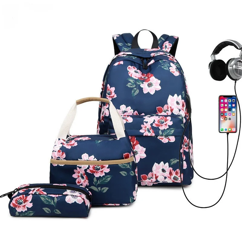 

Teenage girls USB New Backpack Women's Nylon Print flower Korean College Style Schoolbag Insulation Bag 3set