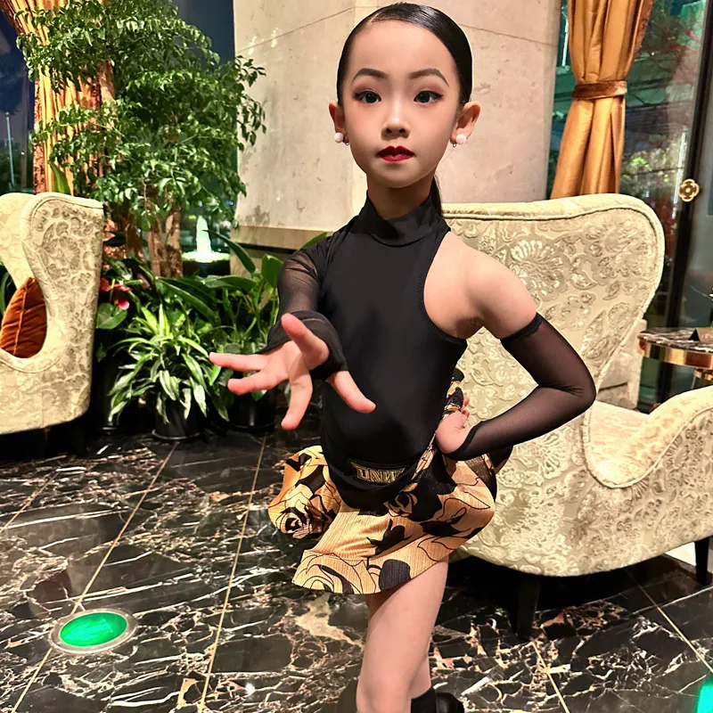Customized Latin Dance Suit Practice Dress Girls' Professional Competition Performance Dress Black Mesh Printed Skirt Top Set