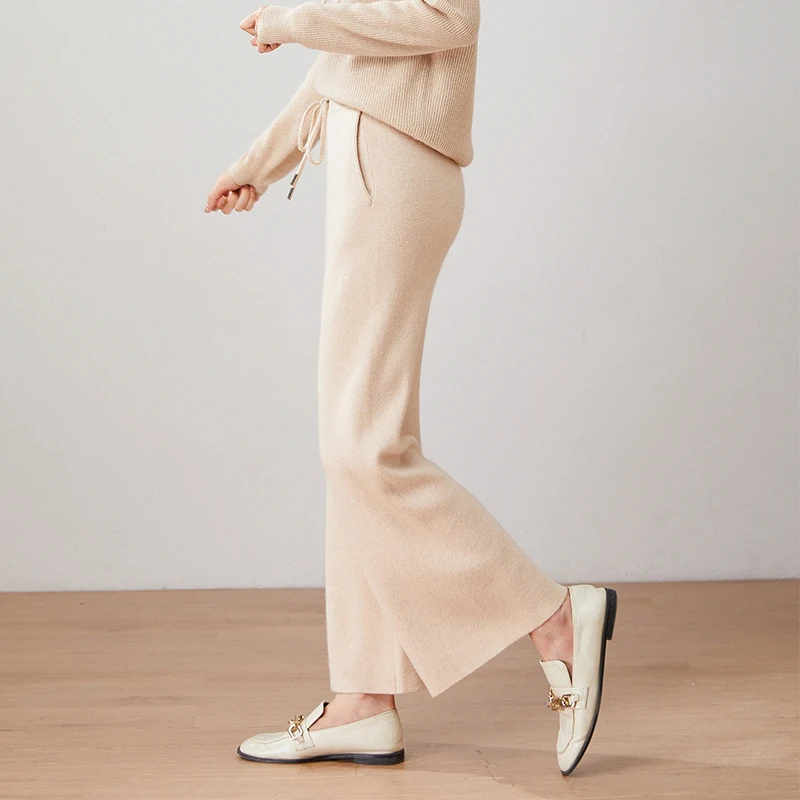 New Autumn Winter Women 100% Pure Cashmere Pants Soft Comfortable High-Waist Knitted Female Solid Color Thicken Wide Leg Pant