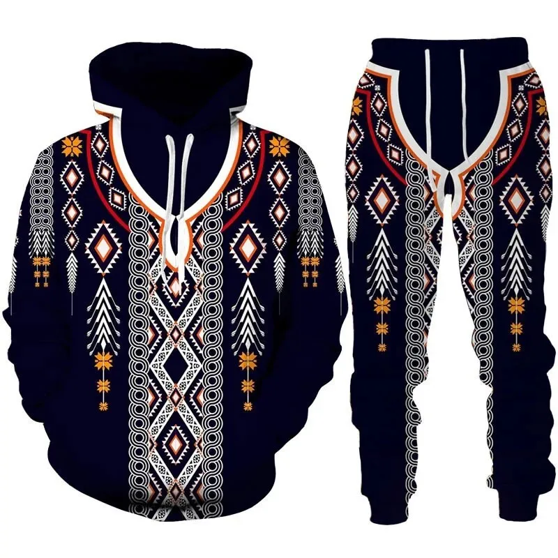 New Vintage Abstract Pattern 3D Print Men Clothing Suit Ethnic Style Hoodie Pants 2 Piece Set Men\'s Sportswear Tracksuit Autumn