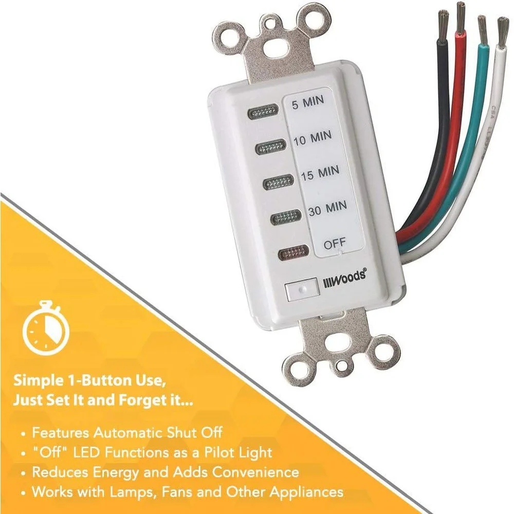 In-Wall Digital Countdown Timer 5-10-15-30 Minute Programmable Switch Energy Saving Lights Fans Heaters Easy Installation
