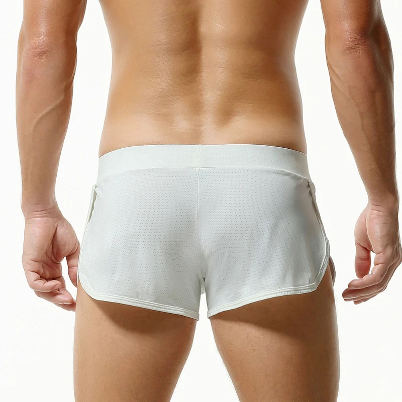 رجل الملاكمين مثلي الجنس حزام رياضي الملابس الداخلية تنفس شبكة Homewear منخفضة الارتفاع تمتد السراويل U محدب الحقيبة السروال