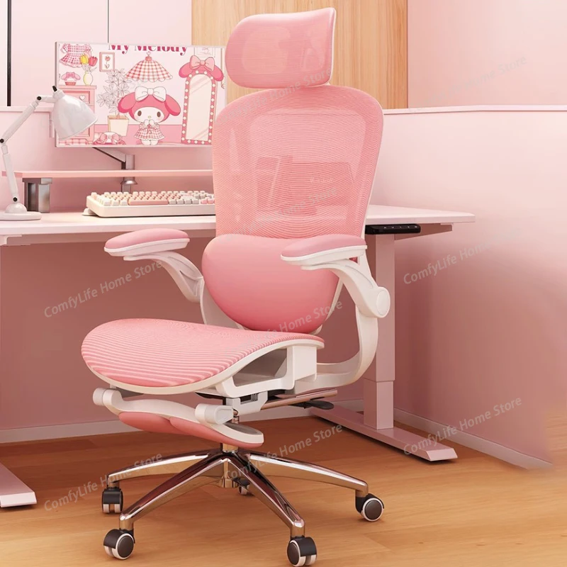 Silla de Oficina Ergonómica Rosa para Dormitorio de Niñas, con Soporte Lumbar, Función de Balanceo, Reposacabezas, Silla de Escritorio para Juegos de PC