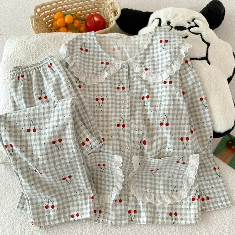 Spring/Autumn New Arrival Cloud-Print Cotton-Trimmed Peter Pan Collar Checked Plus Size Pyjamas for Women Casual Homewear Set