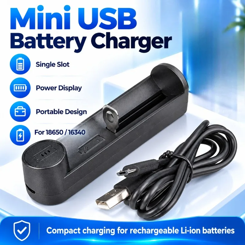 USB Mini Portable Battery Charger Single Slot Power Display Charger for 18650 16340 Lithium Battery