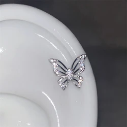 Shiny Hollow Silver Color Rhinestone Butterfly 316L Stainless Steel Ear Bone Nail Delicate Waterproof Small Earrings for Women