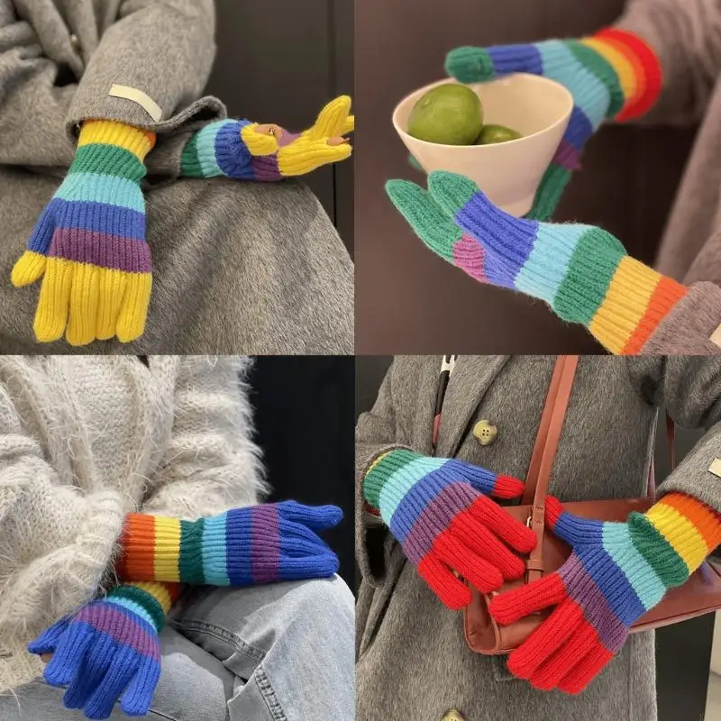 K1ME Winter Gloves with Rainbow Color Adult Knit Warm Gloves for Outdoor Cycling