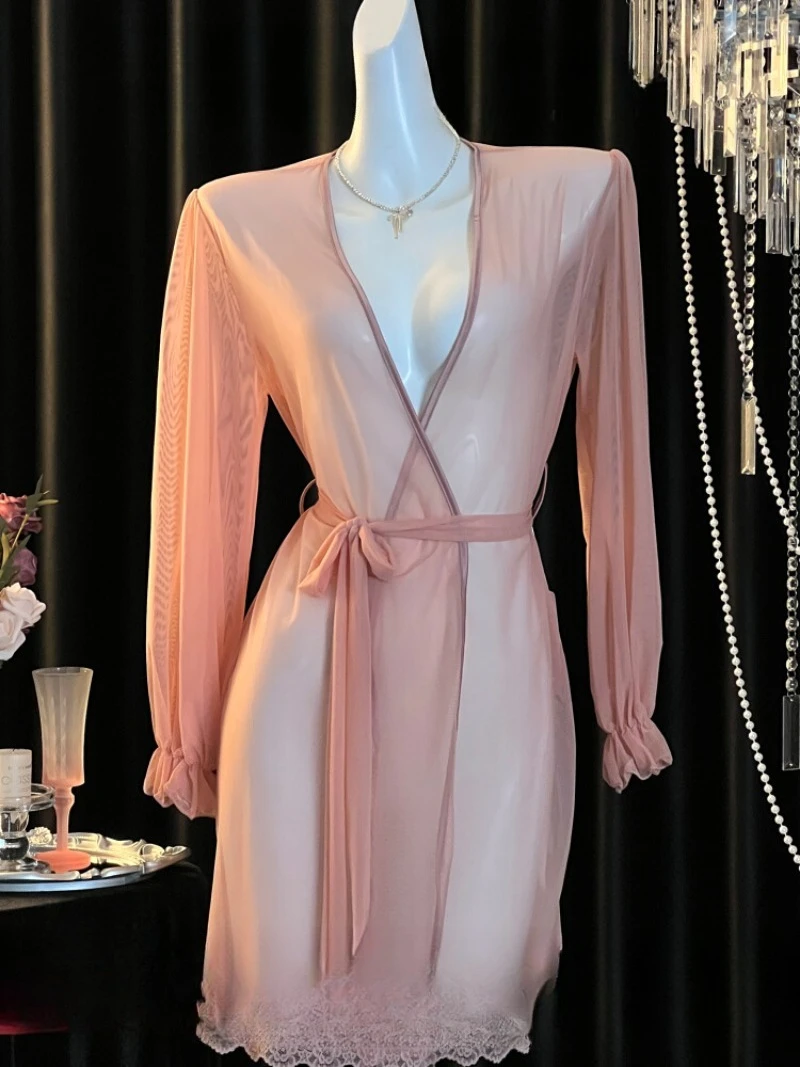 

2026 Soft Mesh Morning Gown Women–Lightweight See-Through Design with Matching Pajama Set,Chic Romantic Home Loungewear Dates