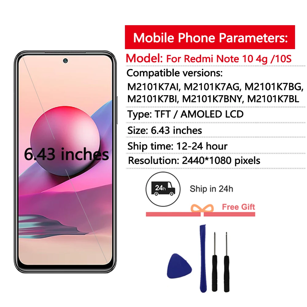 New Tested Display For Xiaomi Redmi Note 10S LCD Screen Digitizer For Redmi Note 10 4G AMOLED Display M2101K7AG Replacement Part