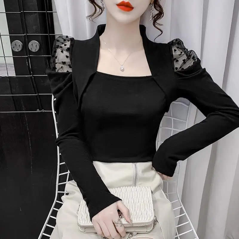 Spring Autumn New Solid Color Square Collar Fashion Long Sleeve Blouse Women High Street Casual Slim Pullovers Elegant Lace Tops