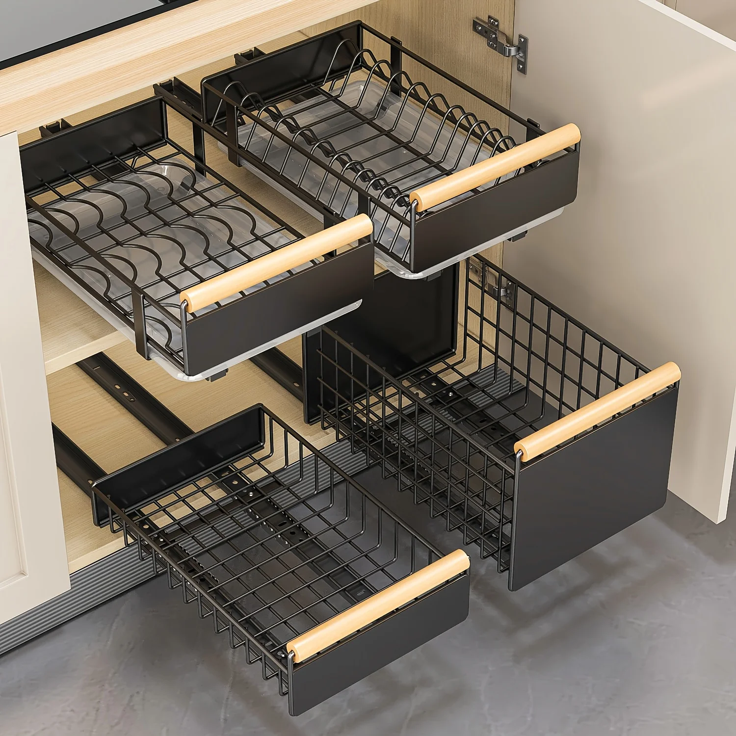 KIXOT Organizer estraibile, scolapiatti estraibile con manico in legno e vassoio di scarico, scolapiatti multifunzionale monostrato