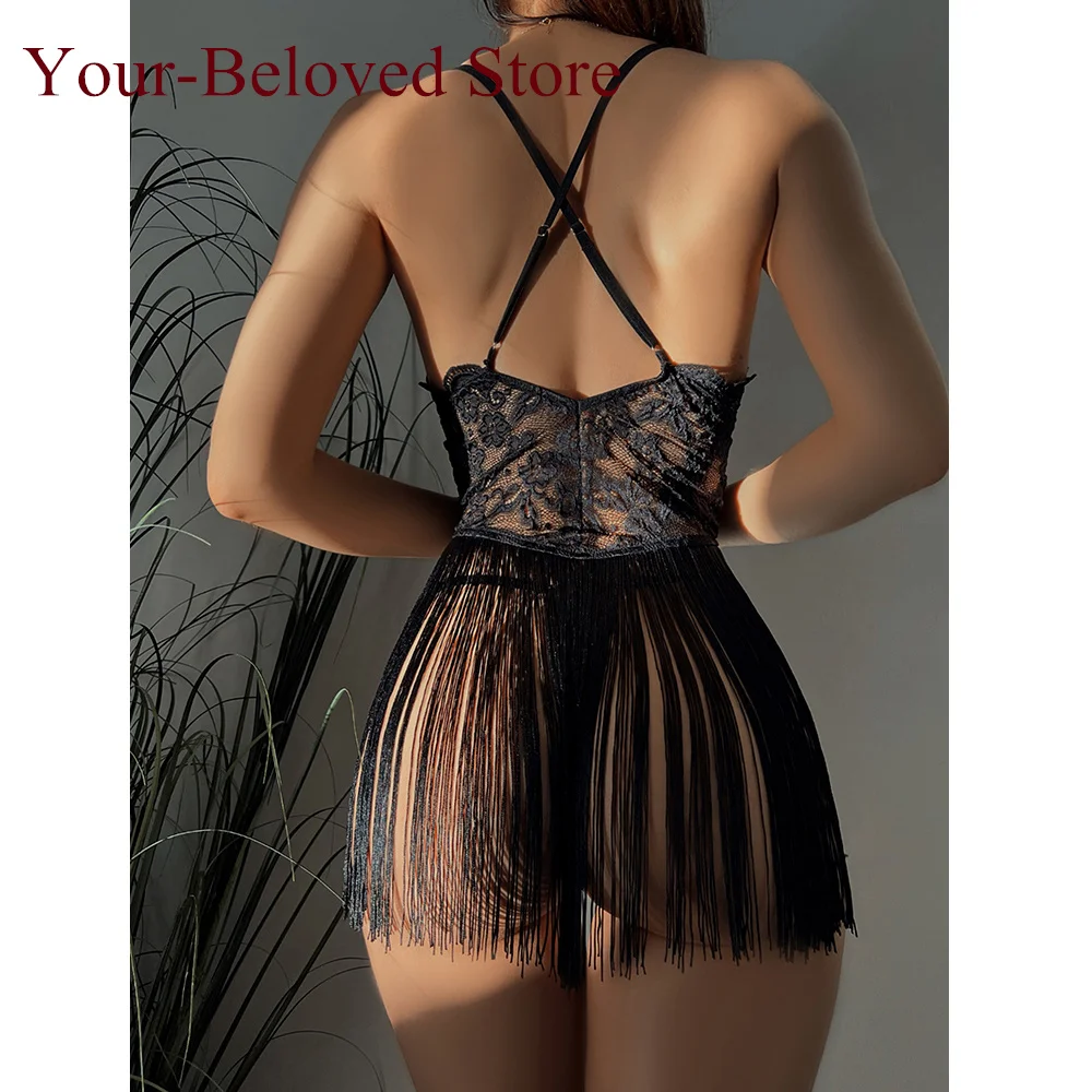 Senhora perspectiva lingerie homewear sexy borlas noite vestido feminino verão primavera camisola de renda flor com decote em v sleepshirt sem costas