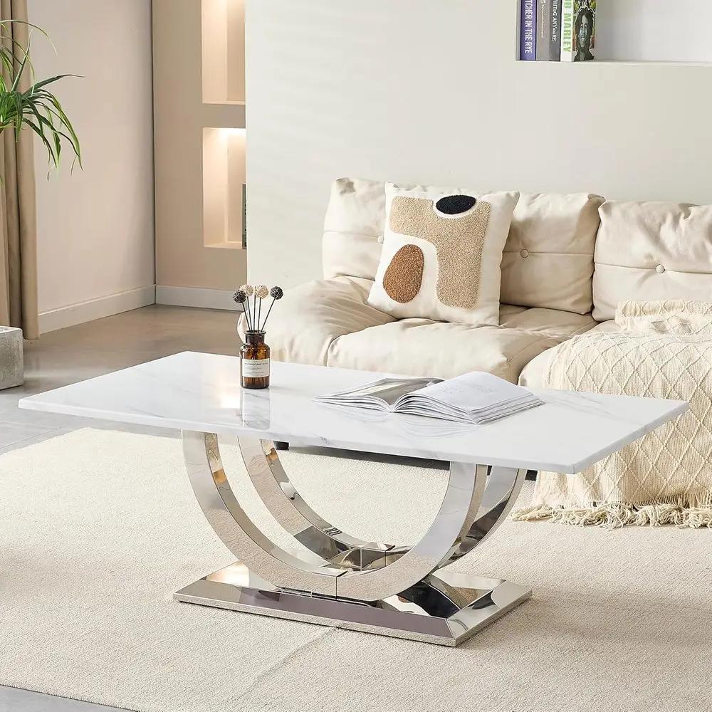 

50 White Coffee Table with Marble Inlay and Silver Mirrored Stainless Steel Base, Elegant Accent for Living Room (White & Silver