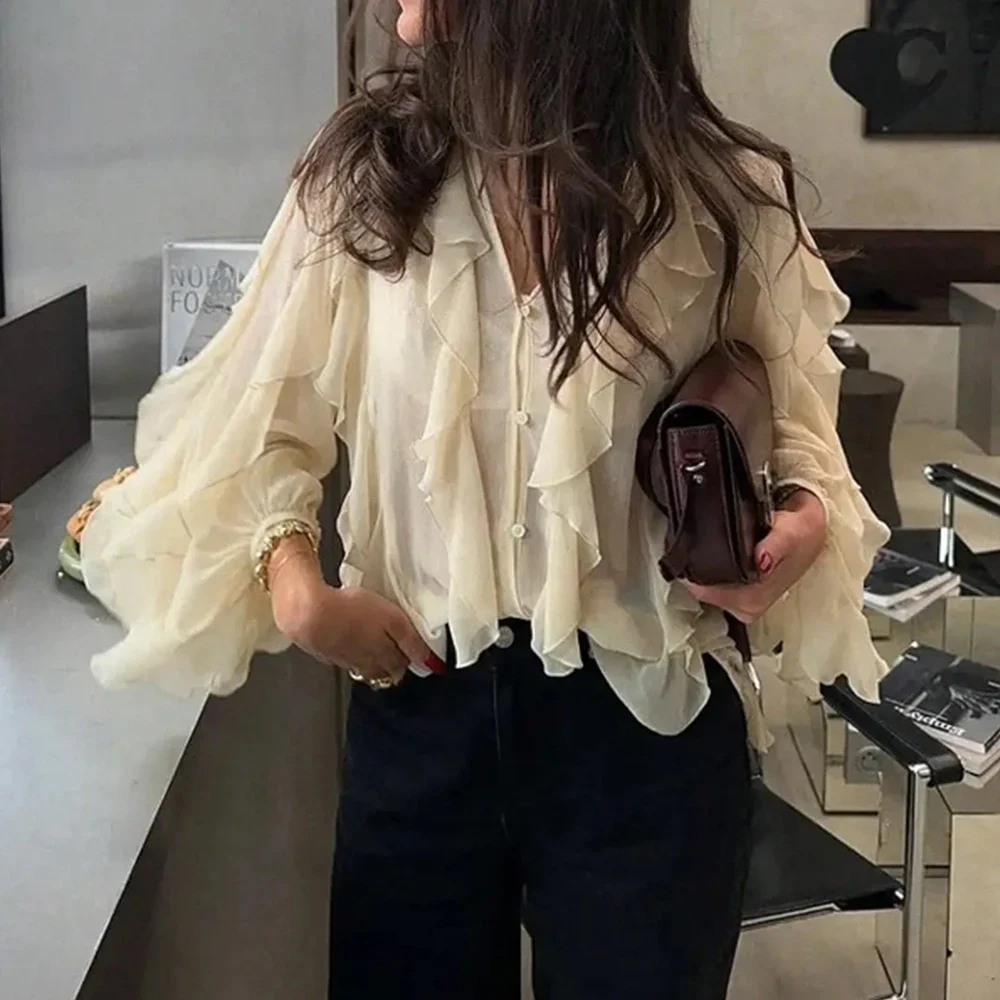 

Shirts Summer Chic Elegant Plain Flounce Long Sleeve V-Neck Loose Fit Office Lady Basics Shirts For Women