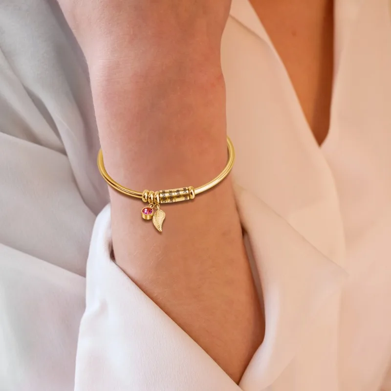 

Personalized Birthstone Leaf Open Bangle Bracelet With Engraved Name Beads Jewelry Mother's Day Birthday Christmas Gift forWomen