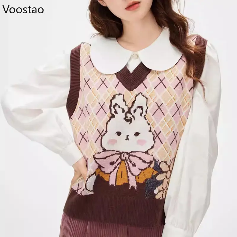 Kawaii Bunny Sweater Vest Spring Autumn Women Sweet V-Neck Cartoon Rabbit Jacquard Knitted Jumpers Crop Tops Female Waistcoat