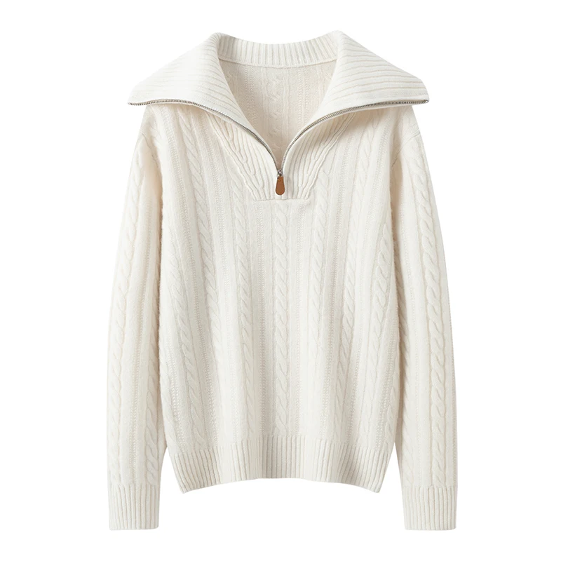 Autumn Winter Thick Women Half-Zip Turn Over Collar Cable Jacquard Sweater 100% Premium Cashmere Casual Versatile Daily Commute