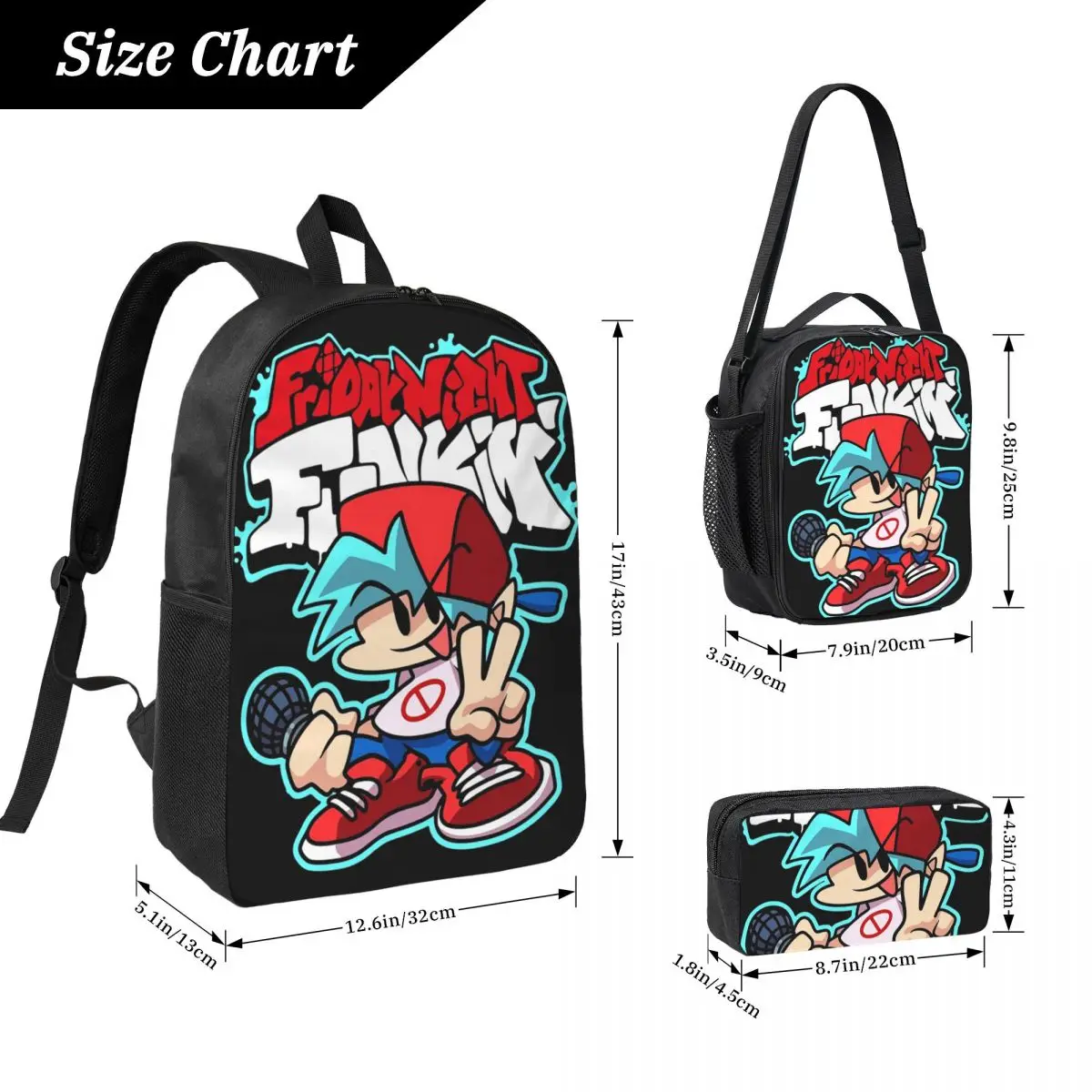 Friday Night Funkin, Boyfriend Backpack Boys Girls BookBag School Bag Laptop Shoulder Bags 3ps Insulated Lunch Bag Pencil Case