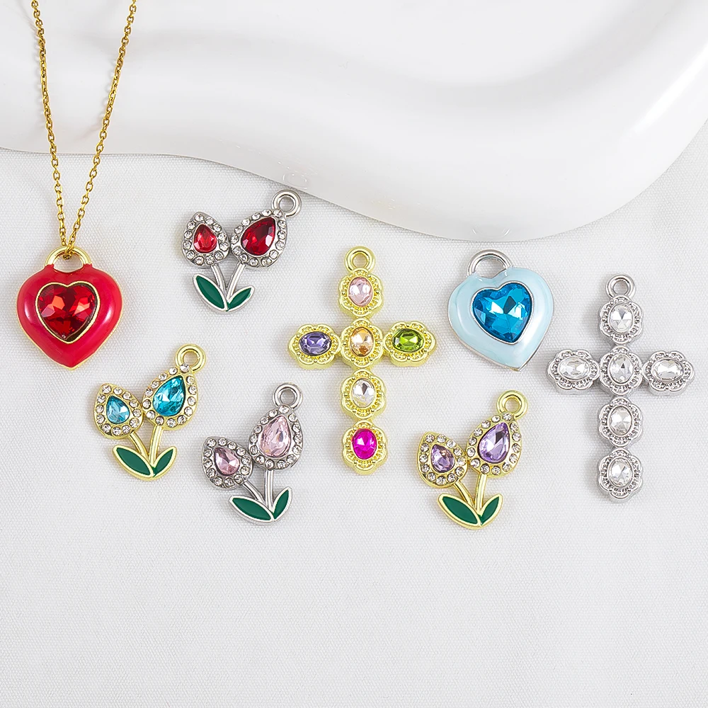 2Pcs Alloy Rhinestone Cross Little Flower Heart Charms Pendant For DIY Necklace Earrings Bracelets Jewelry Making Accessories