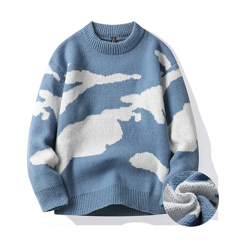 2023 Autumn Men Casual Sweater Cloud Pattern Cute Couple Sweaters Round Neck Long Sleeve Male Knitted Sweater Harajuku Pullover