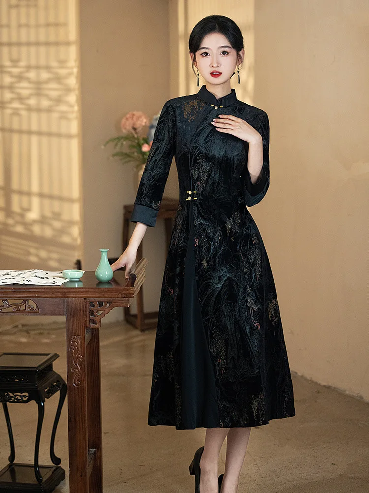 

Плюс размер 4XL Qipao велюровое платье Cheongsam элегантное платье в китайском стиле женское Ципао с длинным рукавом Vestidos Cheongsam трапециевидной формы