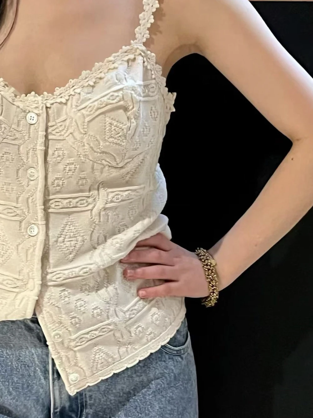 Black White Lace Strap Vest Women Summer New Sexy Cotton Thread Sleeveless Top Pure Desire Style Spicy Girl Trendy Element