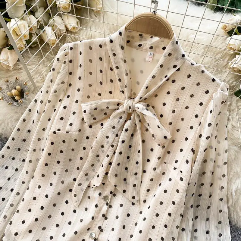 Beige Polka Dot Bow Neck Elegant Chiffon Long Sleeve Loose Women\'s Blouse Shirt Korean Fashion Female Clothing Tops Spring 2024