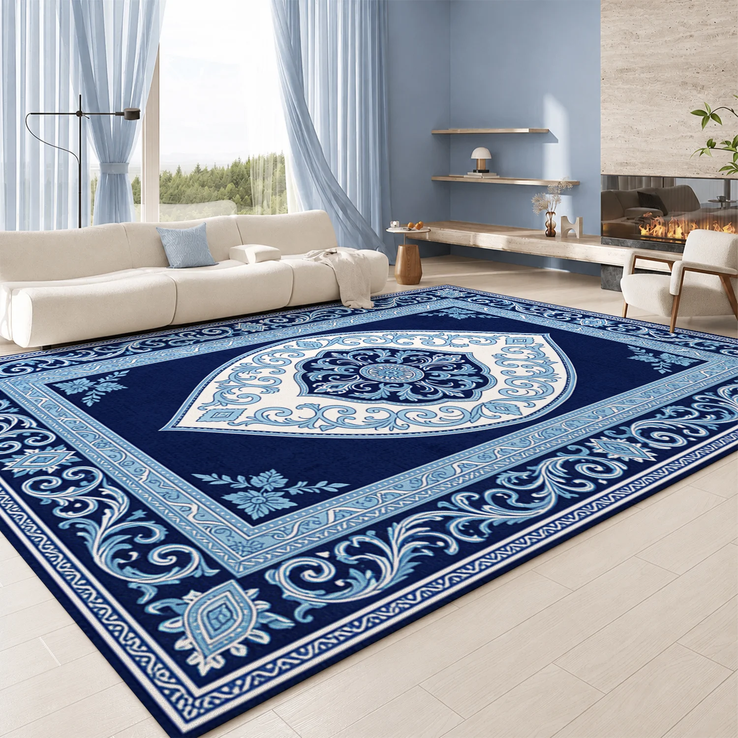 Stylish Ornate Blue White Floral Medallion Scroll Area Rug, Soft Velvet, Machine Washable, Ideal for Living Room, Bedroom, Dining Room, Perfect for Halloween, Thanksgiving, Christmas, New Year Home Decoration