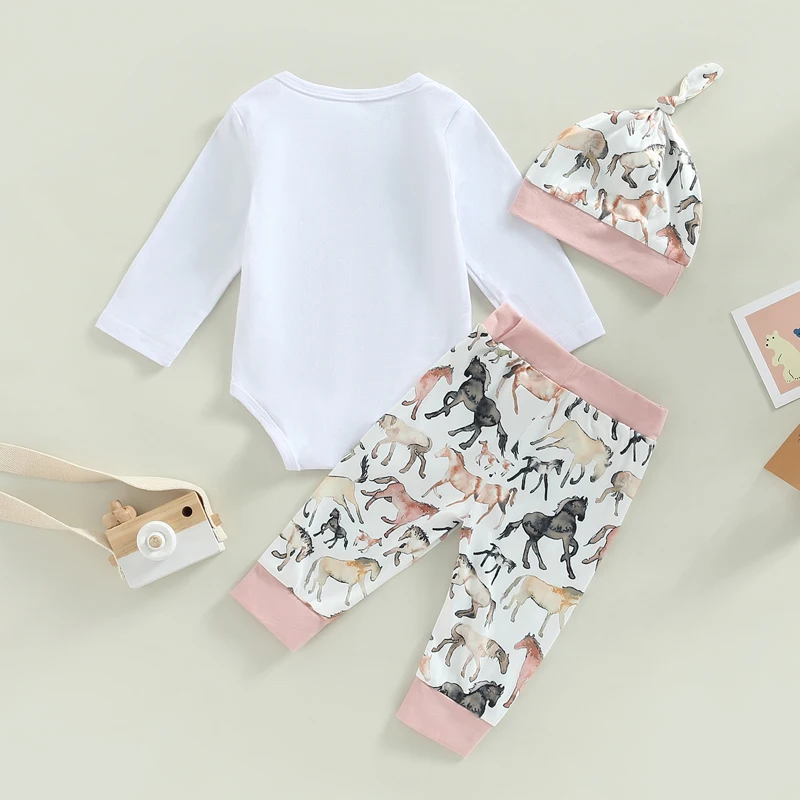 2022-11-17 Lioraitiin Infant Girl Autumn Jumpsuit Set, Long Sleeve Round Neck Letter Print Romper + Horse Pattern Pants + Hat