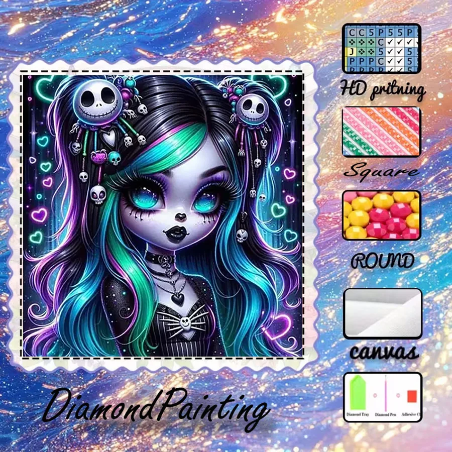 1 piece - 5D-DIY - Flocking cloth - Special drill - Diamond painting set - Skull girl - Mosaic - Diamond art