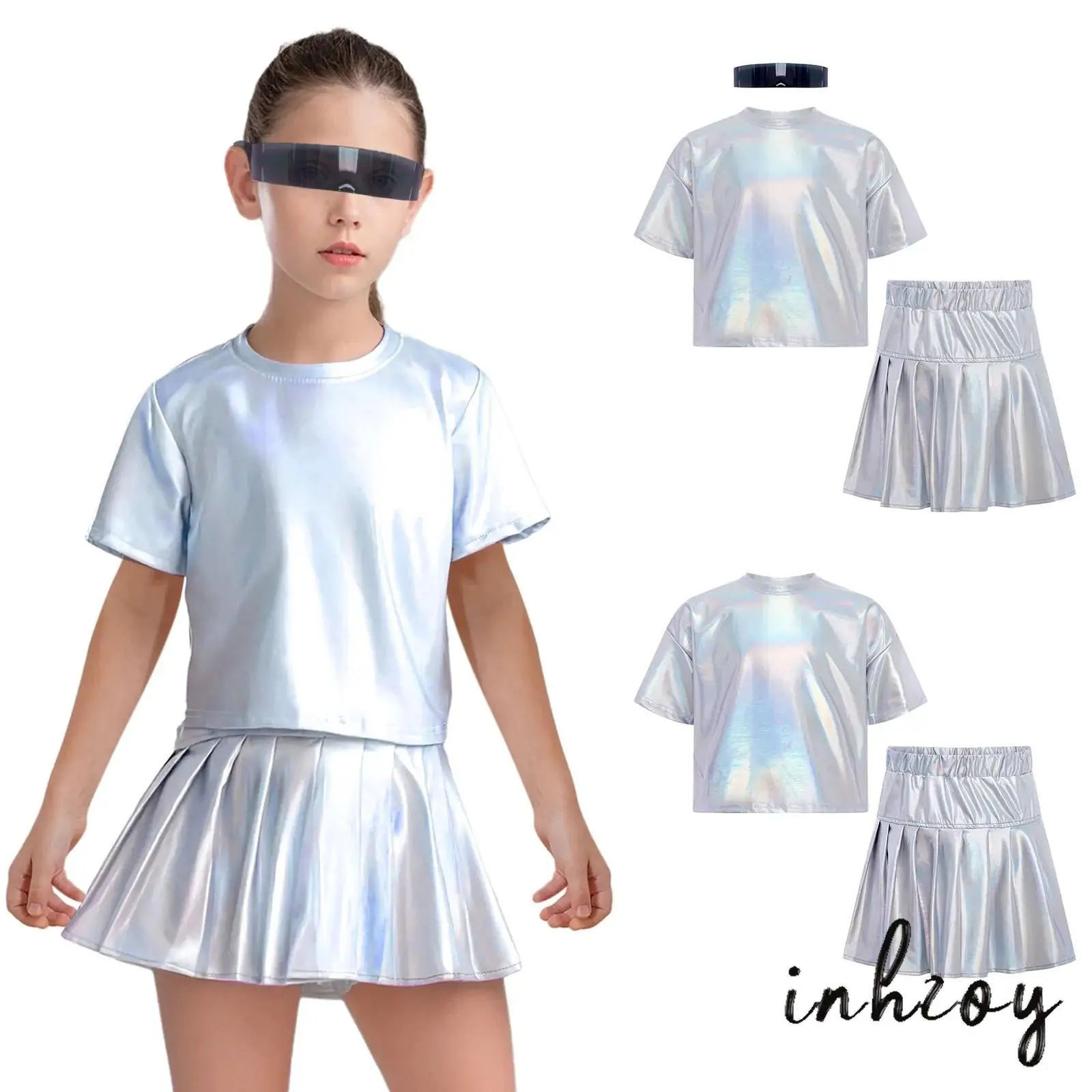 

Kids Boys Girls Hip-Hop Jazz Dance Outfit Suit Metallic Round Neck Short Sleeve T-shirt with Shorts/Skirt for Disco Rave Parties