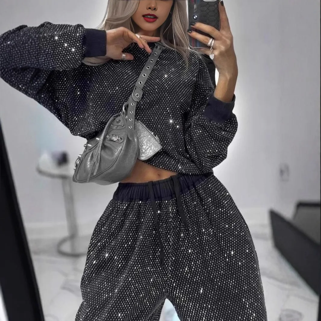 

Women's Starry Sky Full of Stars Long Sleeve Crew Neck Loose Top Drawstring Wide Leg Two-piece Set