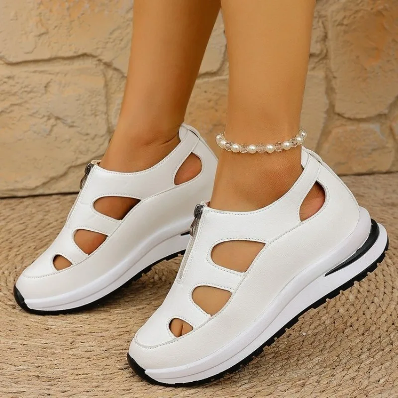 Damen-Sandalen mit Keilabsatz und Frontreißverschluss, runde Zehenpartie, atmungsaktive, lässige Sneaker-Sandalen zum Gehen