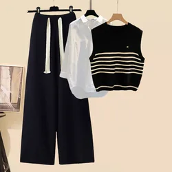 Fall Winter 3 Pieces Sets For Women Knitted Clothing Korean Casual Striped Knitted Vest+white Shirt+drawstring Wide Leg Pant Set